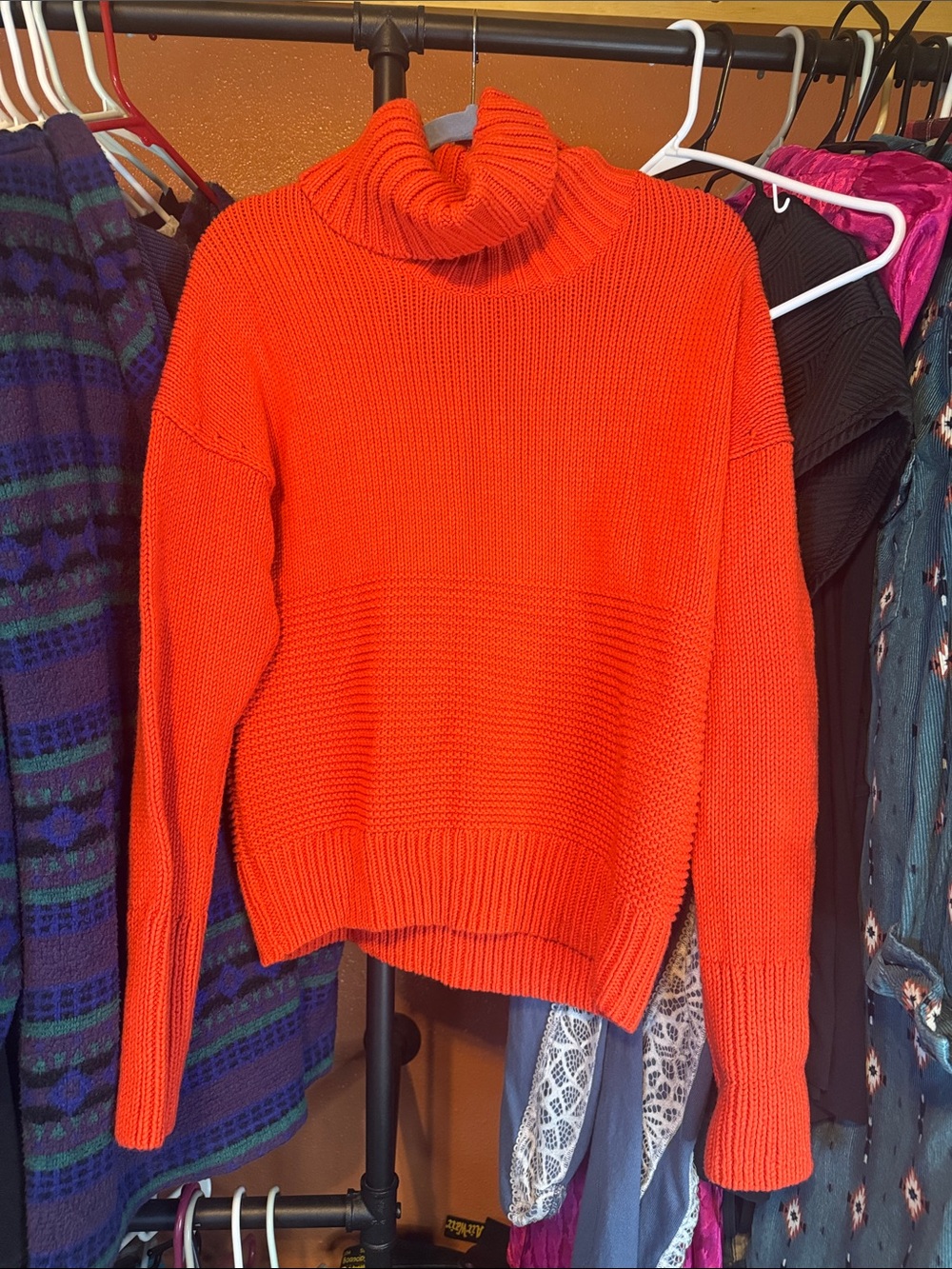 Turtleneck Ribbed Knit Sweater - Reddish Orange